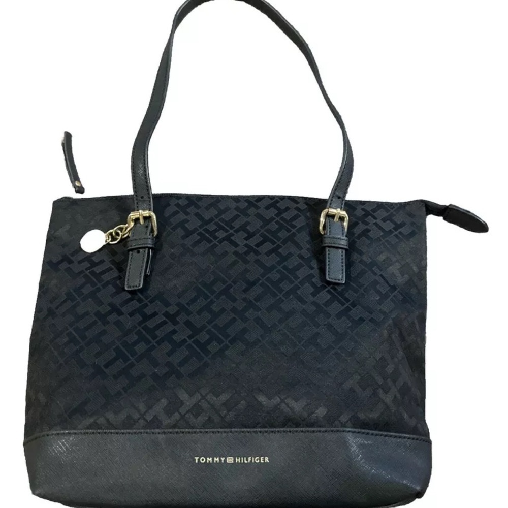 Tommy Hilfiger Black Medium Size Signature Logo Tote Shoulder Bag w/ Purse Charm